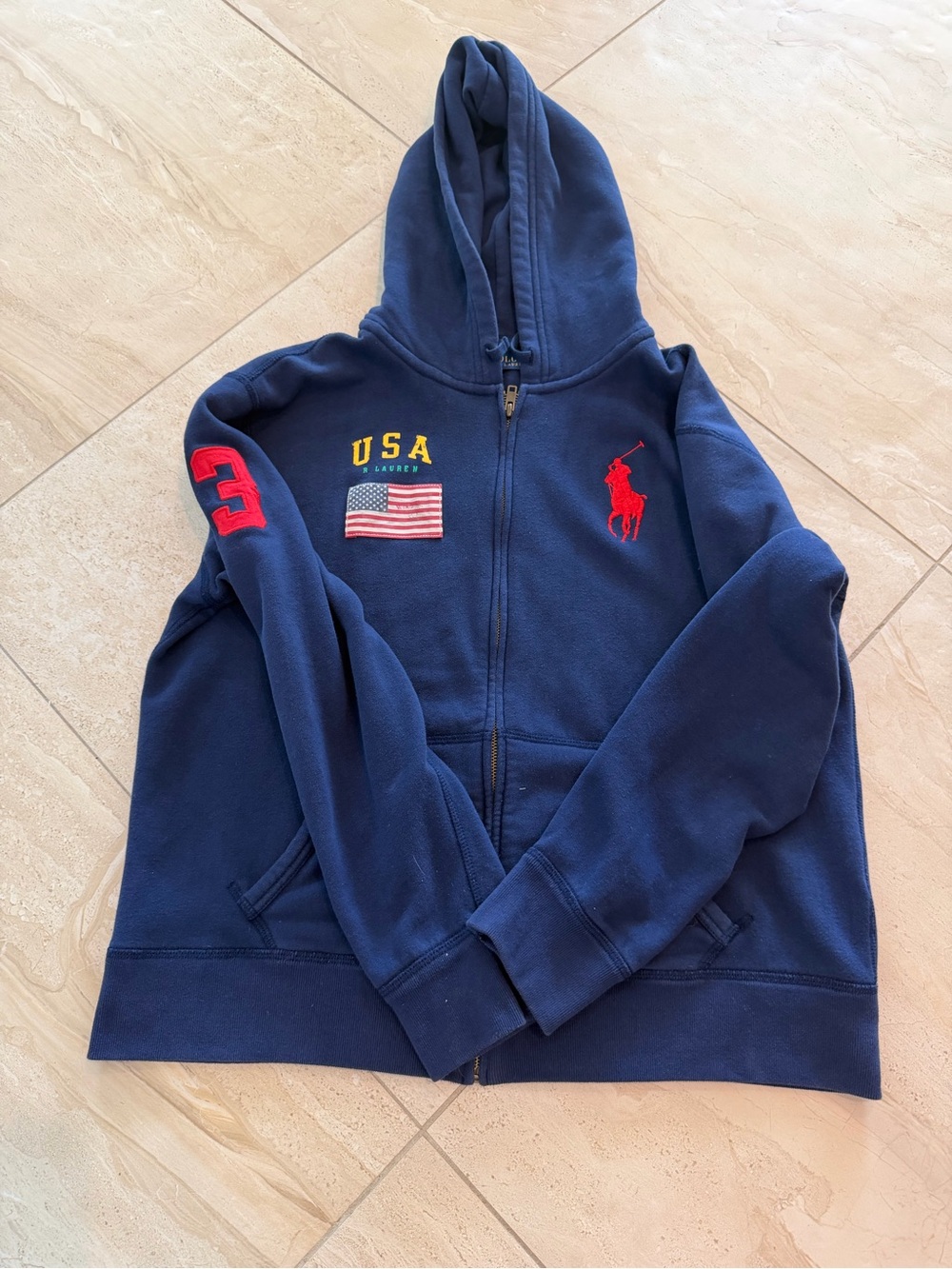 Polo Ralph Lauren Big Pony USA Flag Navy Full Zip Hoodie xl